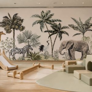 Safari hayvanları çocuk odası duvar kağıdı, fil, zebra, palmiye ağaçları ve tropikal bitkiler desenli kreş ve oyun odası duvar dekorasyonu.