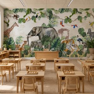 Sınıf ve çocuk eğitim alanı için safari temalı duvar kağıdı, fil, kaplan, zürafa ve tropikal orman desenli modern duvar dekorasyonu.
