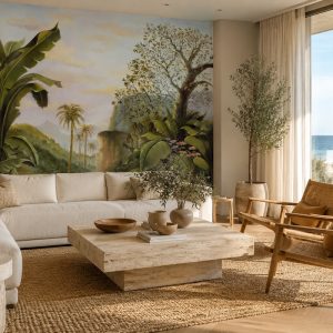 Salon duvar kağıdı modeli, tropikal orman manzarası, muz ağaçları, palmiye silüetleri ve doğal yeşil tonlarıyla modern iç mekânlara huzurlu ve sofistike bir görünüm kazandırır.