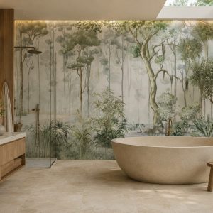 Sisli orman temalı panoramik duvar kağıdı, tropikal bitkiler ve doğal ağaç detaylarıyla banyolarda spa hissi veren ferah ve modern bir atmosfer oluşturur.