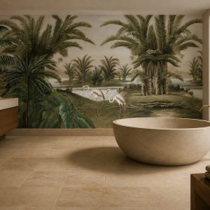 Banyo dekorasyonu için tropikal palmiye ve flamingolu duvar kağıdı, doğal göl manzarasıyla spa atmosferi oluşturan duvar dekorasyonu.