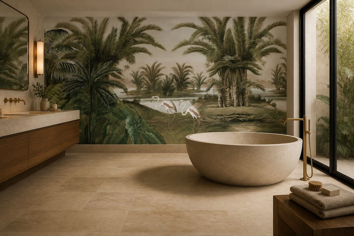 Banyo dekorasyonu için tropikal palmiye ve flamingolu duvar kağıdı, doğal göl manzarasıyla spa atmosferi oluşturan duvar dekorasyonu.