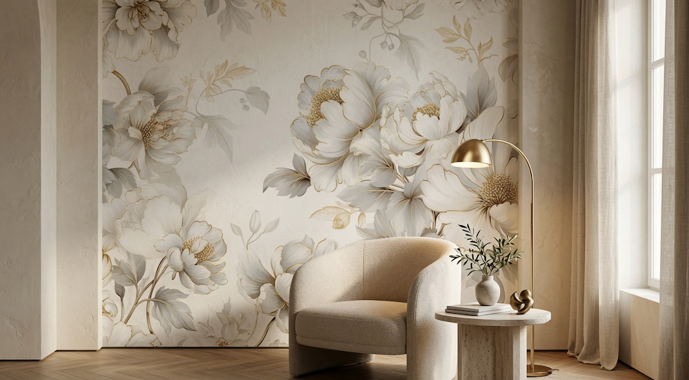 Soft krem fonda altın varak çizgili botanik çiçek illüstrasyonlu özel ölçü duvar kağıdı, krem kavisli modern berjer, ahşap yan sehpa ve pirinç lambader ile kombinlenerek yaşam alanlarında şık, aydınlık ve ilham verici bir ortam sunar.