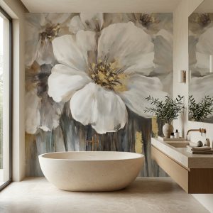 Füme gri ve altın varak detaylı dikey fırça darbeli zemin üzerine dev beyaz şakayık çiçeği motifleri; oval freestanding küvet ve ahşap lavabo tezgahıyla banyo alanlarında lüks bir spa atmosferi yaratır.
