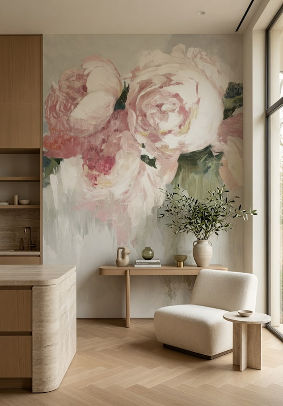 Açık nötr ve pastel tonlarda dikey fırça efektli zemin üzerine sanat eseri niteliğinde yağlı boya etkili pudra pembe floral motiflerle tasarlanan modern botanik duvar kağıdı deseni; açık mutfak, yemek alanı, hol ve iç mekan oturma köşeleri için özel ölçü üretilen tekstürlü dekoratif duvar kaplaması.