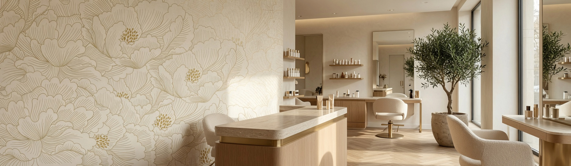 Minimalist altın sarısı şakayık desenli özel ölçü duvar kağıdı, ahşap karşılama bankosu ve açık raflarla birleşerek güzellik salonları, spa ve kozmetik mekanlarında ferah, zarif ve ilham verici bir ortam kazandırır.