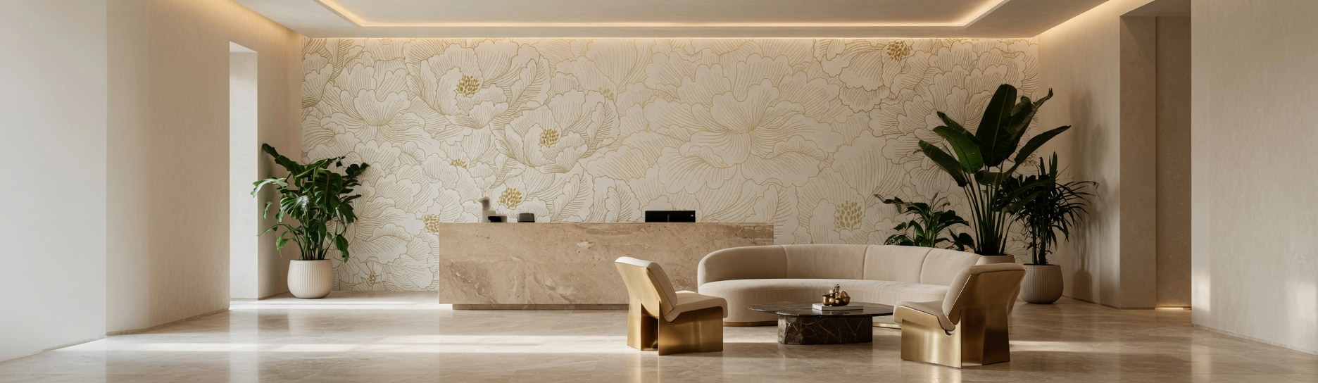 Ekru zemin üzerine altın sarısı çizim dev şakayık/gül motifli duvar kağıdı, traverten karşılama bankosu, krem kavisli koltuk ve minimalist sehpalarla birleşerek otel lobisi, ofis ve klinik alanlarında şık, prestijli ve ferah bir ortam oluşturur.