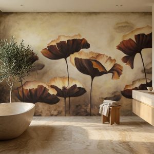 Doğal taş ve mermer görünümlü krem zemin üzerine kahverengi-amber tonlarında yağlı boya dokulu floral motifler; freestanding küvet ve ahşap detaylarla lüks banyo ve spa alanlarında huzurlu bir ortam oluşturur.
