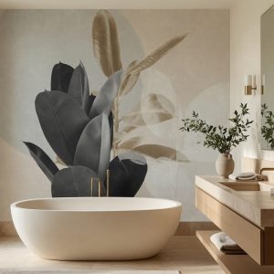 Bej ve gri soyut dairesel bloklar üzerinde siyah-altın tropikal bitki motifleri; oval freestanding küvet ve ahşap lavabo tezgahıyla banyo alanlarında huzurlu bir spa atmosferi yaratır.