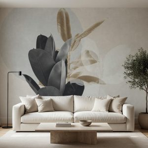 Açık krem ve gri tonlu dokulu zemin üzerine koyu füme tropikal yapraklar ile altın varak efektli botanik çizimler; krem köşe koltuk ve traverten sehpa ile minimalist salonlara derinlik katar.