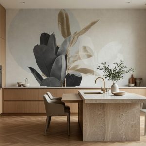 Krem ve açık gri geometrik daireler üzerine mat siyah kauçuk yaprakları ve altın sarısı botanik dalları içeren modern illüstrasyon; ahşap mutfak adası ve mermer tezgah arkasında şık bir görünüm sunar.