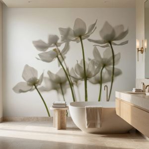 Suya ve neme dayanıklı nötr tonlu transparan çiçek desenli duvar kağıdı, oval modern taş küvet, ahşap banyo mobilyası ve pirinç apliklerle tamamlanarak banyolarda dinlendirici, şık ve spa konseptli bir duvar dekorasyonu sağlar.