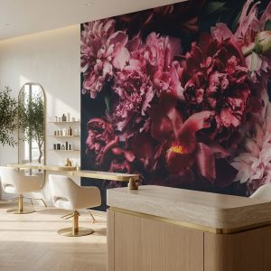 Dramatik mürdüm ve fuşya çiçek motifli özel ölçü duvar kağıdı, ahşap karşılama bankosu, modern makyaj koltukları ve boy aynası ile birleşerek güzellik salonları, spa ve kliniklerde sofistike, etkileyici ve premium bir atmosfer kazandırır.