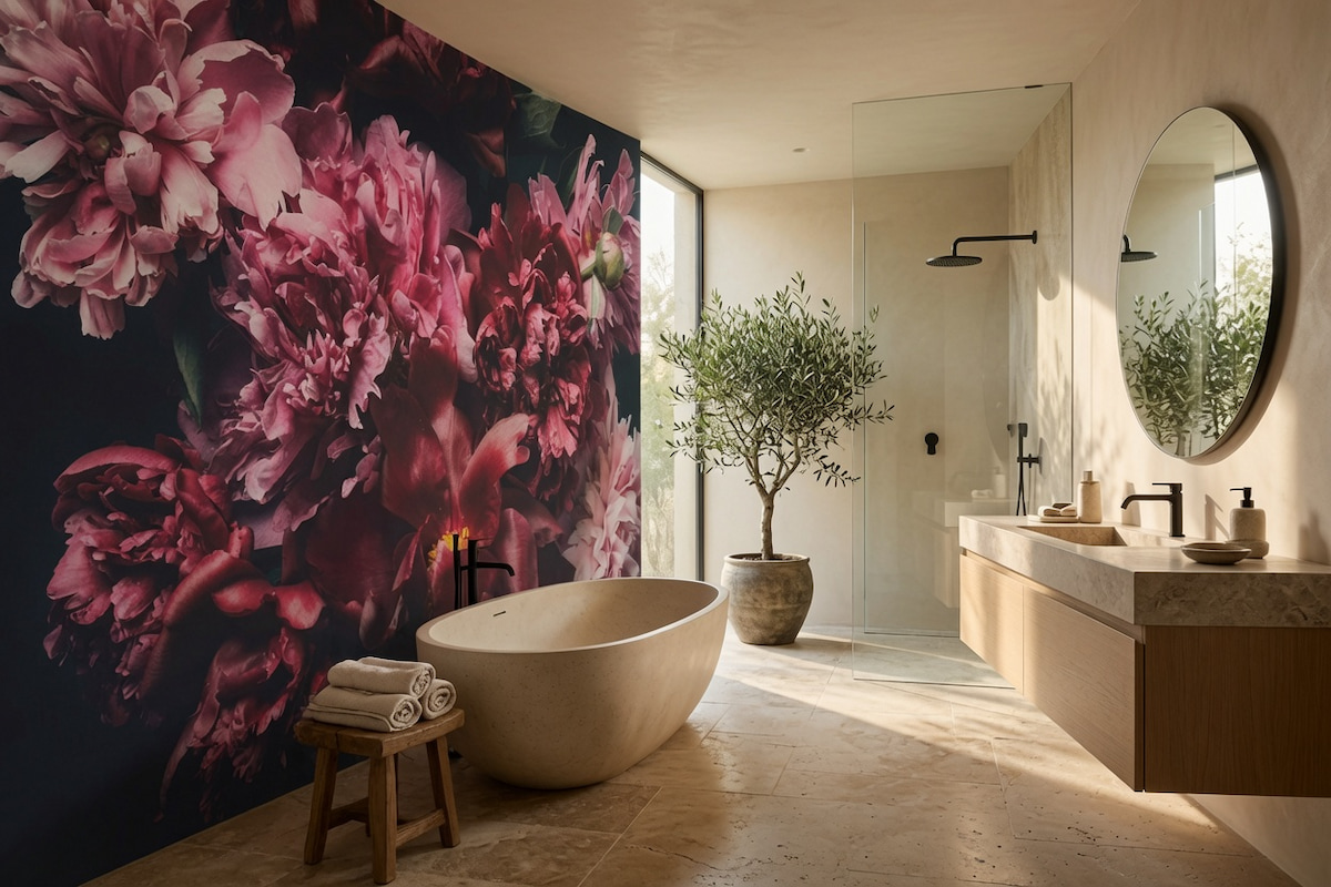 Suya ve neme dayanıklı fuşya ve mürdüm şakayık desenli dramatik duvar kağıdı, modern oval taş küvet ve ahşap banyo mobilyaları ile tamamlanarak banyolarda lüks, büyüleyici ve spa konseptli bir duvar dekorasyonu sunar.