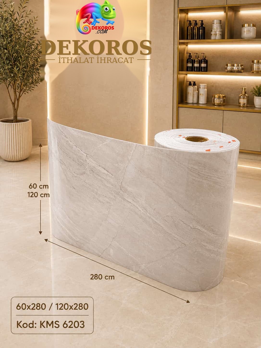 Kendinden yapışkanlı açık gri mermer panel DKS6203 60x280 ve 120x280 cm eksiz duvar kaplama