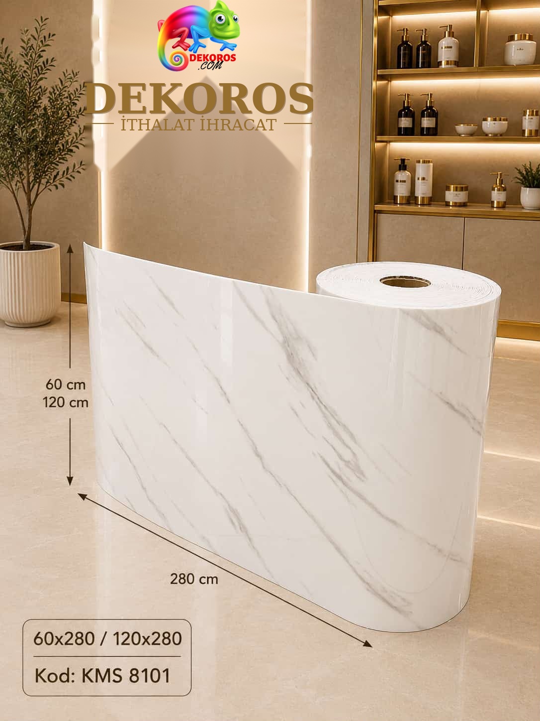 Kendinden yapışkanlı beyaz mermer panel DKS8101 60x280 ve 120x280 cm eksiz duvar kaplama