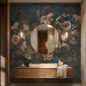 Suya ve neme dayanıklı koyu tonlu botanik zambak desenli duvar kağıdı, yuvarlak banyo aynası, ahşap lavabo tezgahı ve şık apliklerle tamamlanarak banyolarda dinlendirici, estetik ve spa konseptli bir duvar dekorasyonu kazandırır.