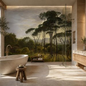 Fıstık çamları ve yeşil vadileri içeren pastoral manzara illüstrasyonu; oval serbest küvet, ahşap banyo tezgahı ve cam duş bölmesiyle banyo alanlarında spa tadında dinlendirici bir ortam sunar.