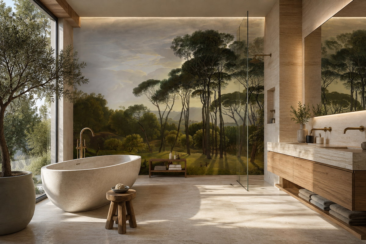 Fıstık çamları ve yeşil vadileri içeren pastoral manzara illüstrasyonu; oval serbest küvet, ahşap banyo tezgahı ve cam duş bölmesiyle banyo alanlarında spa tadında dinlendirici bir ortam sunar.