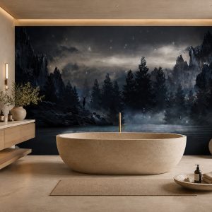 Yıldızlı gece gökyüzü altında sisli dağlar ve çam ağaçları illüstrasyonu; oval traverten küvet, ahşap banyo tezgahı ve gizli LED aydınlatmayla banyo alanlarına spa şıklığı ve derinlik kazandırır.