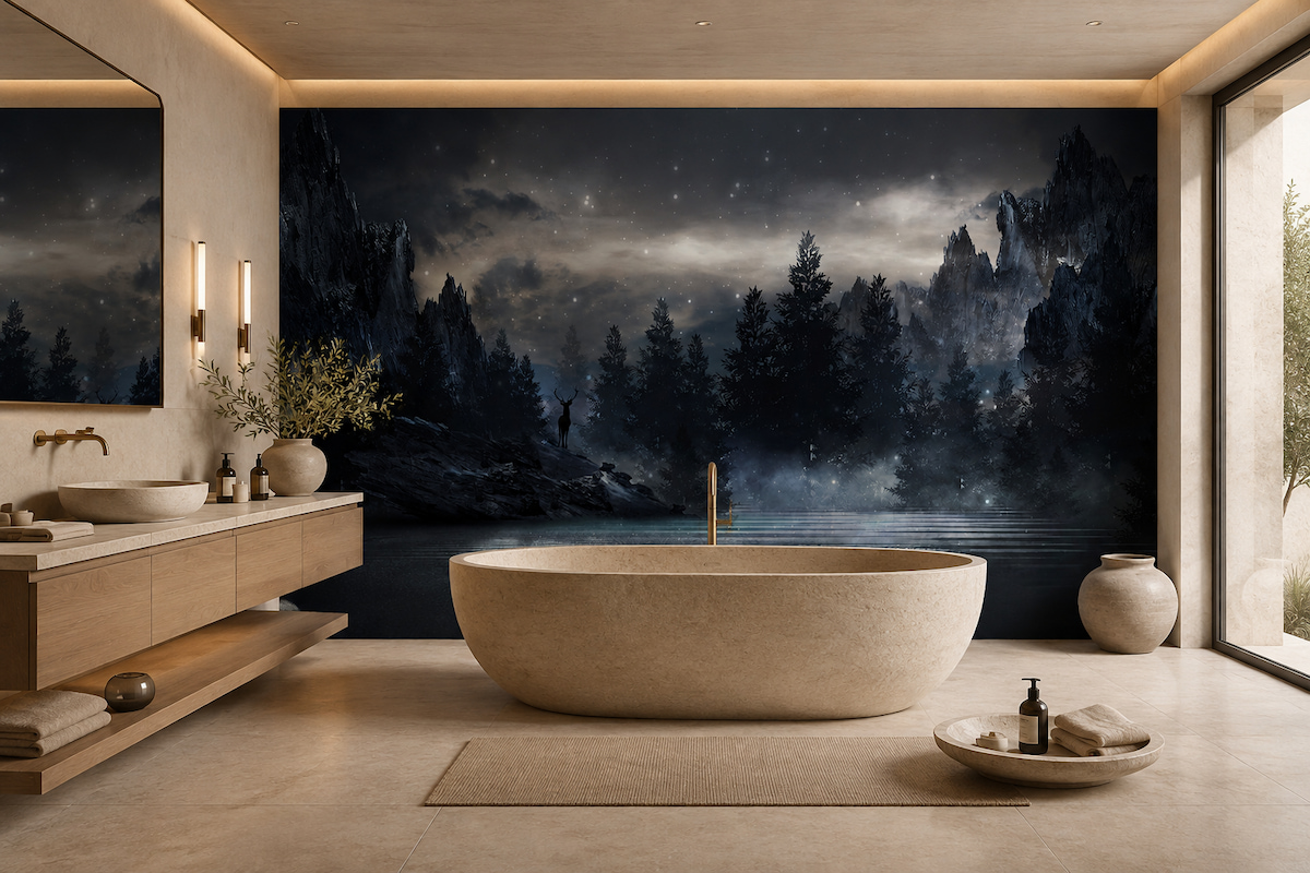 Yıldızlı gece gökyüzü altında sisli dağlar ve çam ağaçları illüstrasyonu; oval traverten küvet, ahşap banyo tezgahı ve gizli LED aydınlatmayla banyo alanlarına spa şıklığı ve derinlik kazandırır.