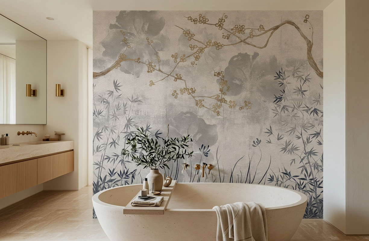 Sade ve huzurlu fonda altın ve gri botanik desenli duvar kağıdı, ahşap tepsili modern oval küvet ve doğal ışık alan geniş yapısıyla banyolarda dingin, premium ve estetik bir atmosfer oluşturur.