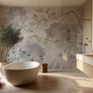 Suya ve neme dayanıklı gri ve altın tonlarında oryantal çiçekli duvar kağıdı, oval modern taş küvet, ahşap lavabo tezgahı ve zeytin ağacı saksısı ile birleşerek banyolarda dinlendirici, şık ve spa konseptli bir duvar dekorasyonu sunar.