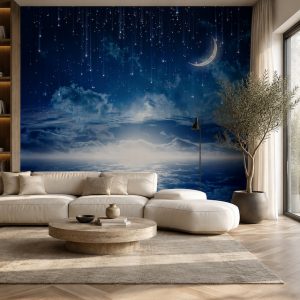 Hilal, kayan yıldızlar ve bulut denizinin büyüleyici gece panoraması; krem L koltuk, yuvarlak ahşap orta sehpa ve saksı zeytin ağacıyla yaşam alanlarında modern ve masalsı bir odak noktası sunar.