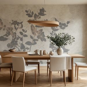 Eskitme dokulu açık tonlu soyut botanik desenli panoramik duvar kağıdı, traverten mutfak adası, ahşap yemek masası ve minimalist sandalyeler ile kombinlenerek mutfak ve açık plan yemek alanlarında ferah, doğal ve modern bir atmosfer oluşturur.