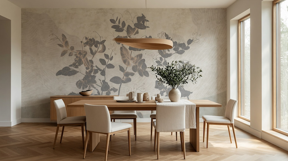 Eskitme dokulu açık tonlu soyut botanik desenli panoramik duvar kağıdı, traverten mutfak adası, ahşap yemek masası ve minimalist sandalyeler ile kombinlenerek mutfak ve açık plan yemek alanlarında ferah, doğal ve modern bir atmosfer oluşturur.