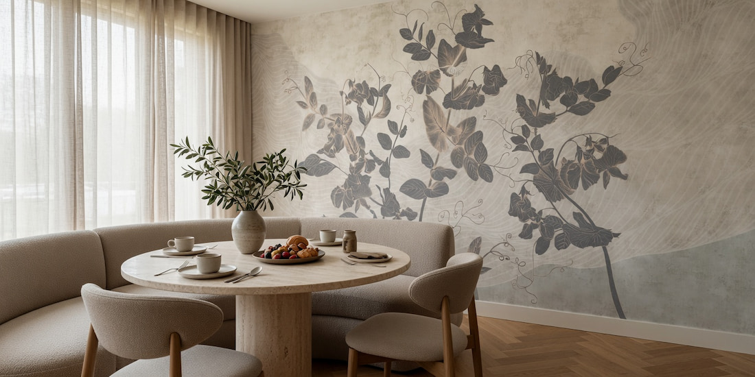 Eskitme dokulu açık tonlu soyut botanik desenli panoramik duvar kağıdı, traverten mutfak adası, ahşap yemek masası ve minimalist sandalyeler ile kombinlenerek mutfak ve açık plan yemek alanlarında ferah, doğal ve modern bir atmosfer oluşturur.