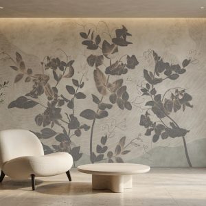 Doğal sıva dokulu soyut çiçek motifli duvar kağıdı, ahşap tezgah, modern kavisli koltuk ve zeytin ağacı saksısı ile birleşerek güzellik salonları, spa veya kliniklerde zarif, ferah ve ilham verici bir alan kazandırır.