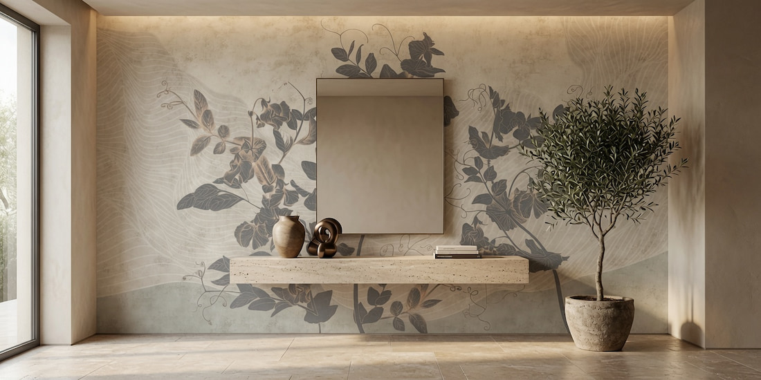 Suya ve neme dayanıklı bej ve gri tonlu soyut çiçek silüetli duvar kağıdı, modern oval taş küvet ve doğal ahşap banyo mobilyaları ile tamamlanarak banyolarda dingin, estetik ve spa konseptli bir duvar dekorasyonu sunar.