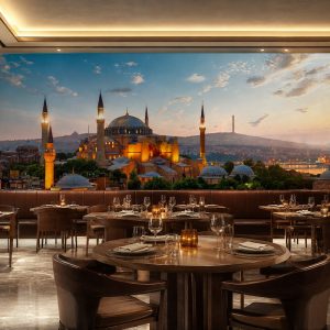 Akşamüstü ışıklandırılmış tarihi Ayasofya kubbesi ve minareleri temalı duvar kağıdı; ahşap yuvarlak yemek masaları, deri kaplama sandalyeler ve şık mum aydınlatmalarıyla restoran ve kafelere otantik bir zarafet sunar.