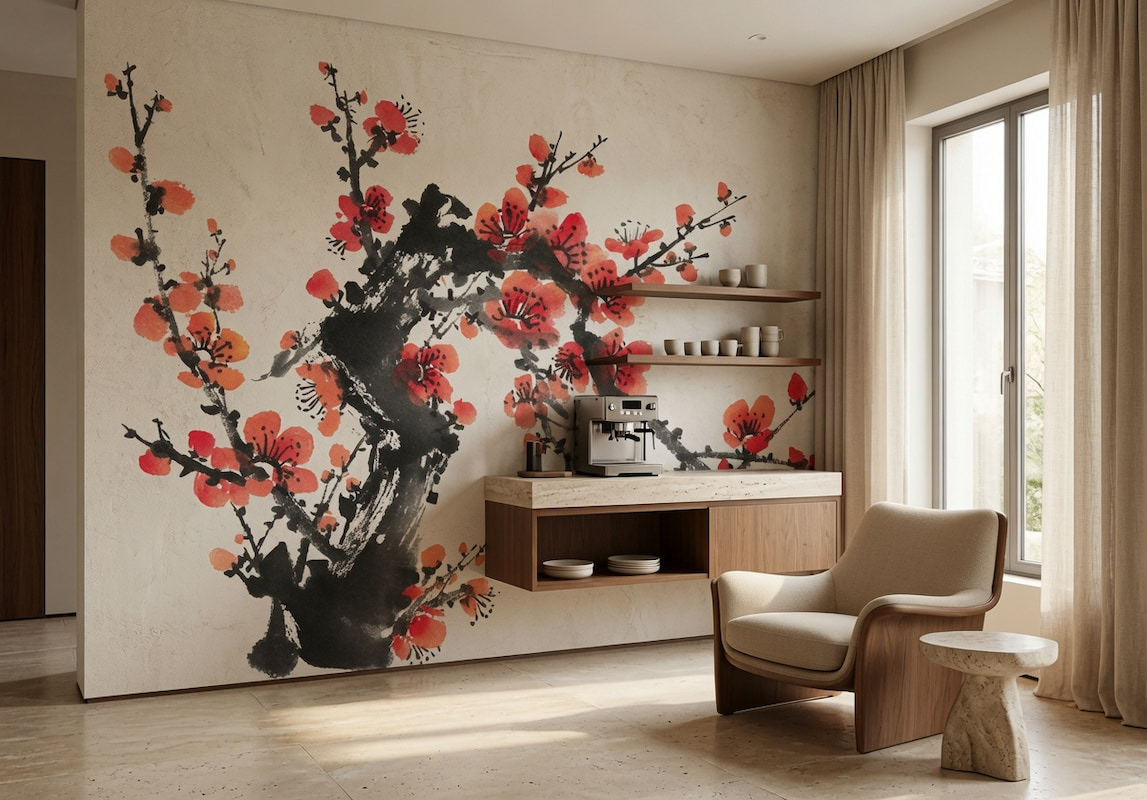 Geleneksel Uzak Doğu mürekkep sanatı tarzında kırmızı erik çiçeği (sakura/meihua) dalları desenli panoramik duvar kağıdı, ahşap mutfak tezgahı ve modern berjer koltuk ile birleşerek mutfak ve kahve köşelerinde sanatsal, sıcak ve karakter sahibi bir atmosfer oluşturur.