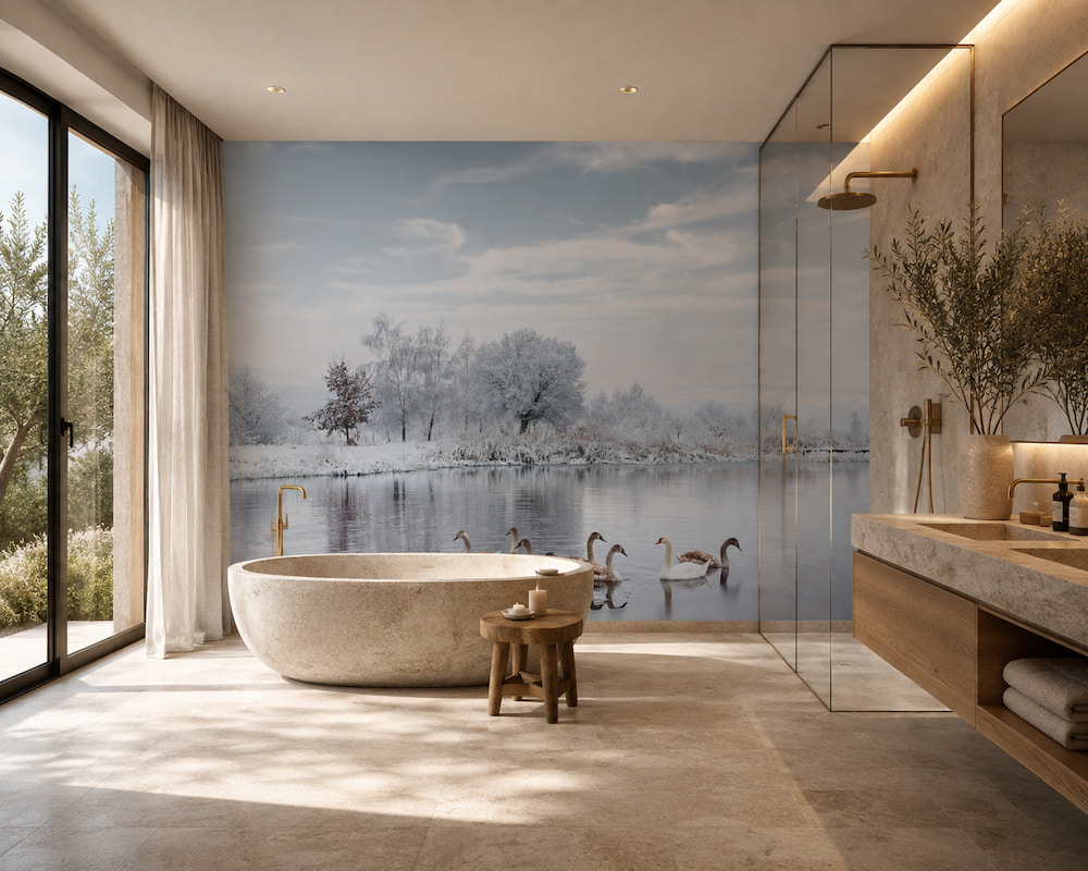 Büyüleyici kış gölü ve kuğular illüstrasyonu; oval serbest küvet, cam duş kabini, ahşap banyo tezgahı ve doğal taş zeminle banyo alanlarında huzurlu bir spa ortamı oluşturur.