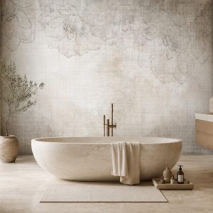 Eskitme keten görünümlü krem zemin üzerine ince konturlarla çizilmiş vizon tonlu çiçek deseni; traverten freestanding küvet ve ahşap banyo mobilyalarıyla huzurlu bir spa havası yaratır.