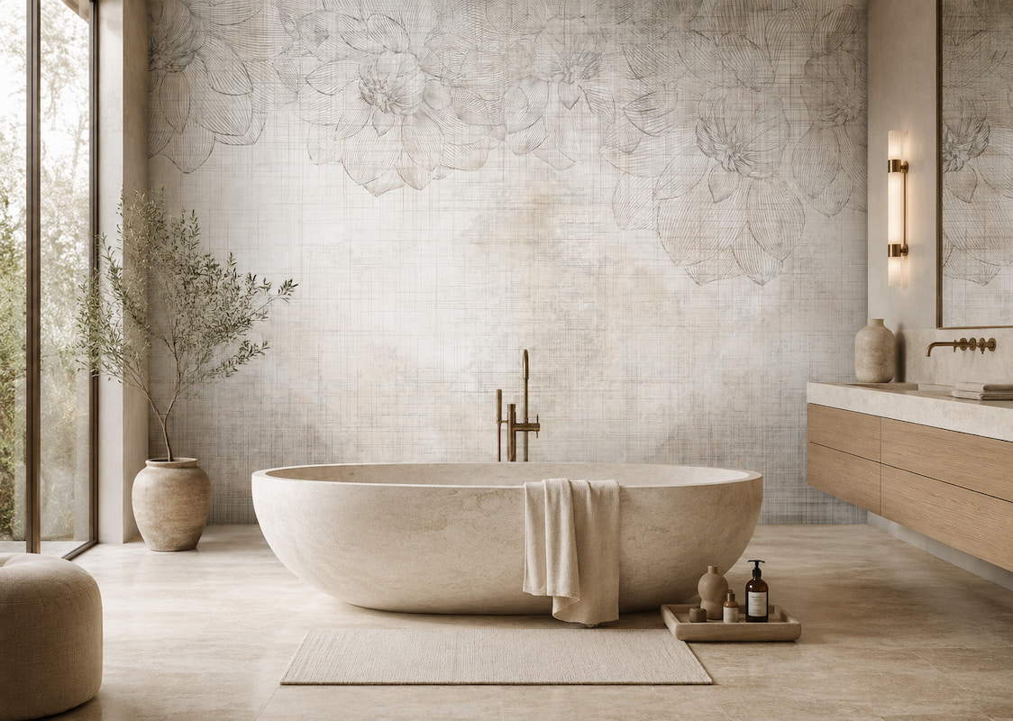 Eskitme keten görünümlü krem zemin üzerine ince konturlarla çizilmiş vizon tonlu çiçek deseni; traverten freestanding küvet ve ahşap banyo mobilyalarıyla huzurlu bir spa havası yaratır.