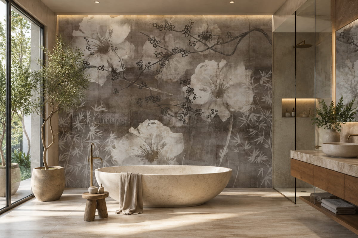 Antrasit ve beton efektli koyu fon üzerine kontrast oluşturan transparan beyaz çiçek motifleri; traverten freestanding küvet, ahşap detaylar ve sıcak LED aydınlatmayla banyolara lüks bir spa havası kazandırır.