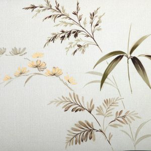 Alternatif Metin: Krem ve ekru keten dokulu zemin üzerine sulu boya etkili zeytin yeşili bambu yaprakları, sarı kır çiçekleri ve kahverengi ot illüstrasyonları içeren minimalist Japon (Japandi) stili doğal yüzey tasarımı.
