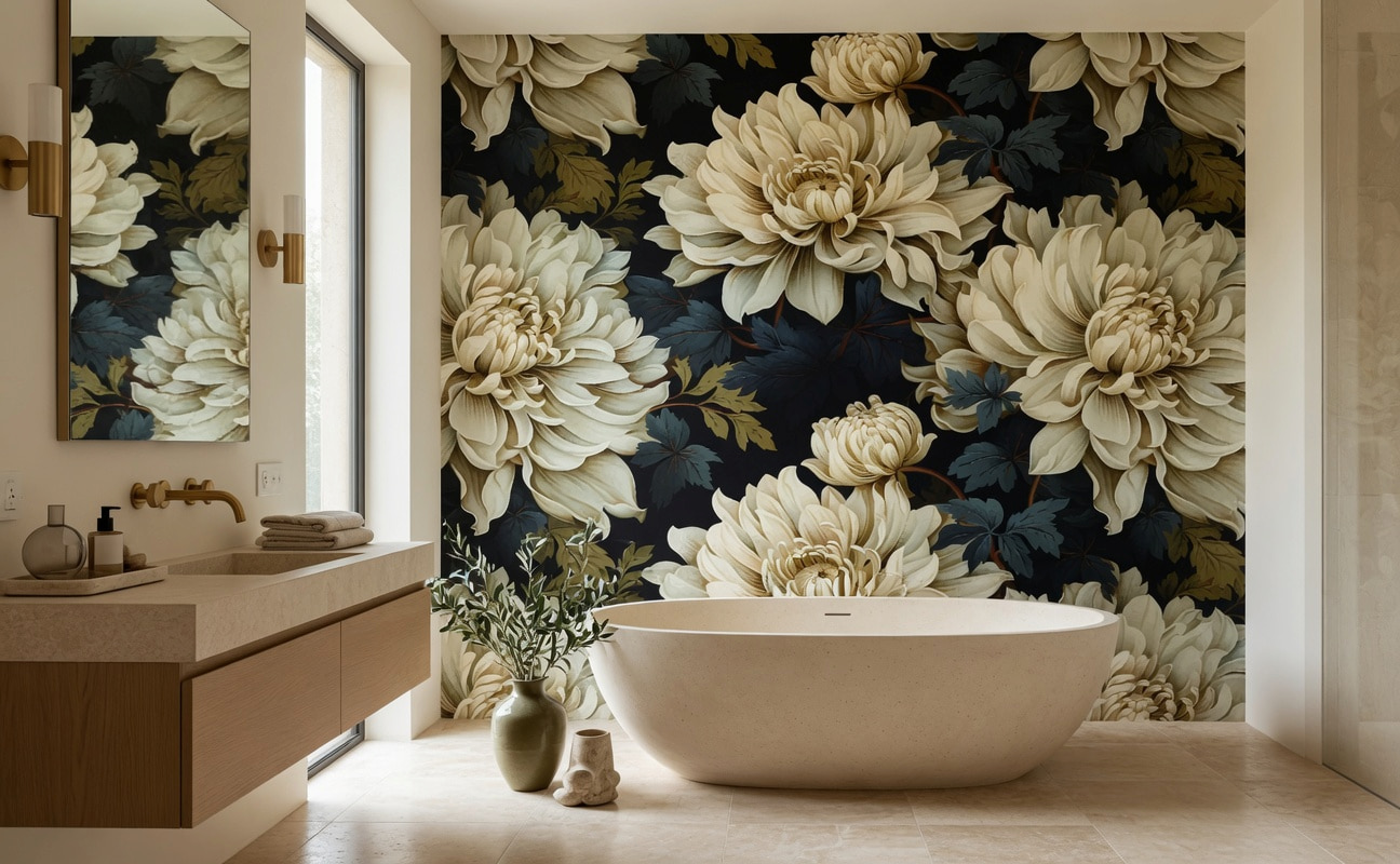 Suya ve neme dayanıklı koyu tonlu makro çiçek desenli duvar kağıdı, oval modern taş küvet, ahşap banyo mobilyası ve seramik vazoyla tamamlanarak banyolarda derinlik katan, estetik ve spa konseptli bir duvar dekorasyonu sunar.
