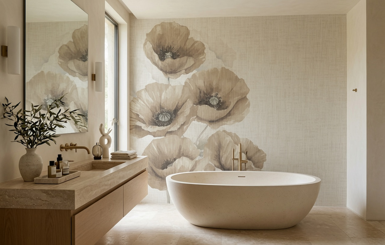 Krem ve ekru keten dokulu zemin üzerine sulu boya etkili şeffaf vizon ve sepya tonlarında dev gelincik motifleri; oval freestanding küvet, ahşap tezgah ve doğal ışıkla banyo alanlarında huzurlu bir spa atmosferi sunar.