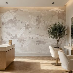 Doğal sıva dokulu soyut çiçek motifli duvar kağıdı, ahşap tezgah, modern kavisli koltuk ve zeytin ağacı saksısı ile birleşerek güzellik salonları, spa veya kliniklerde zarif, ferah ve ilham verici bir alan kazandırır.