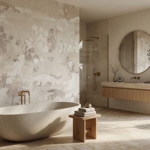 Suya ve neme dayanıklı bej ve gri tonlu soyut çiçek silüetli duvar kağıdı, modern oval taş küvet ve doğal ahşap banyo mobilyaları ile tamamlanarak banyolarda dingin, estetik ve spa konseptli bir duvar dekorasyonu sunar.