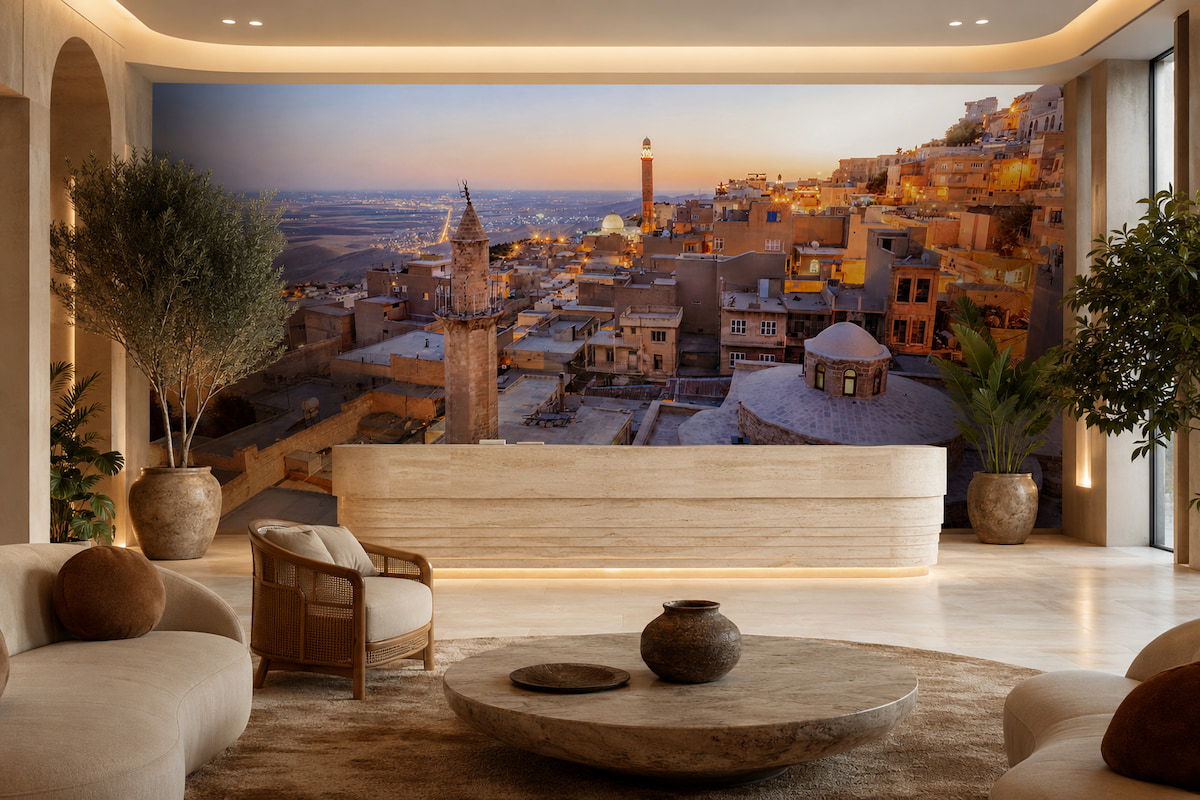 Akşamüstü ışıklandırılmış tarihi Mardin taş evleri ve Mezopotamya ovası illüstrasyonu; oval traverten resepsiyon bankosu, ahşap berjer ve seramik vazolarla mekan girişlerinde görkemli bir karşılama alanı oluşturur.
