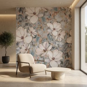 Gri ve vizon mermer parçalı fon üzerinde altın detaylı pudra manolyalar; minimalist kavisli koltuk ve yuvarlak orta sehpa ile modern salon köşelerine derinlik katar.