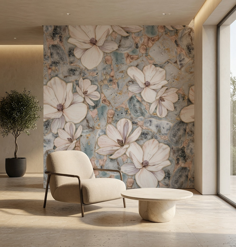 Gri ve vizon mermer parçalı fon üzerinde altın detaylı pudra manolyalar; minimalist kavisli koltuk ve yuvarlak orta sehpa ile modern salon köşelerine derinlik katar.