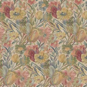 Krem ve ekru keten doku fonu üzerinde hardal, gül kurusu, kiremit, haki yeşil ve pastel tonlu çiçekler içeren yüksek çözünürlüklü kesintisiz (seamless) vintage botanik duvar kağıdı deseni.