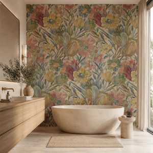 Krem ve vizon dokulu zemin üzerine pastel sarı, mercan, bordo ve yaprak yeşili tonlarında illüstratif floral desen; oval freestanding küvet ve ahşap lavabo tezgahıyla banyolara davetkar bir spa havası katar.