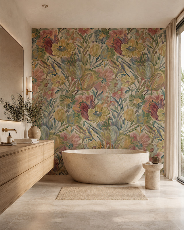 Krem ve vizon dokulu zemin üzerine pastel sarı, mercan, bordo ve yaprak yeşili tonlarında illüstratif floral desen; oval freestanding küvet ve ahşap lavabo tezgahıyla banyolara davetkar bir spa havası katar.